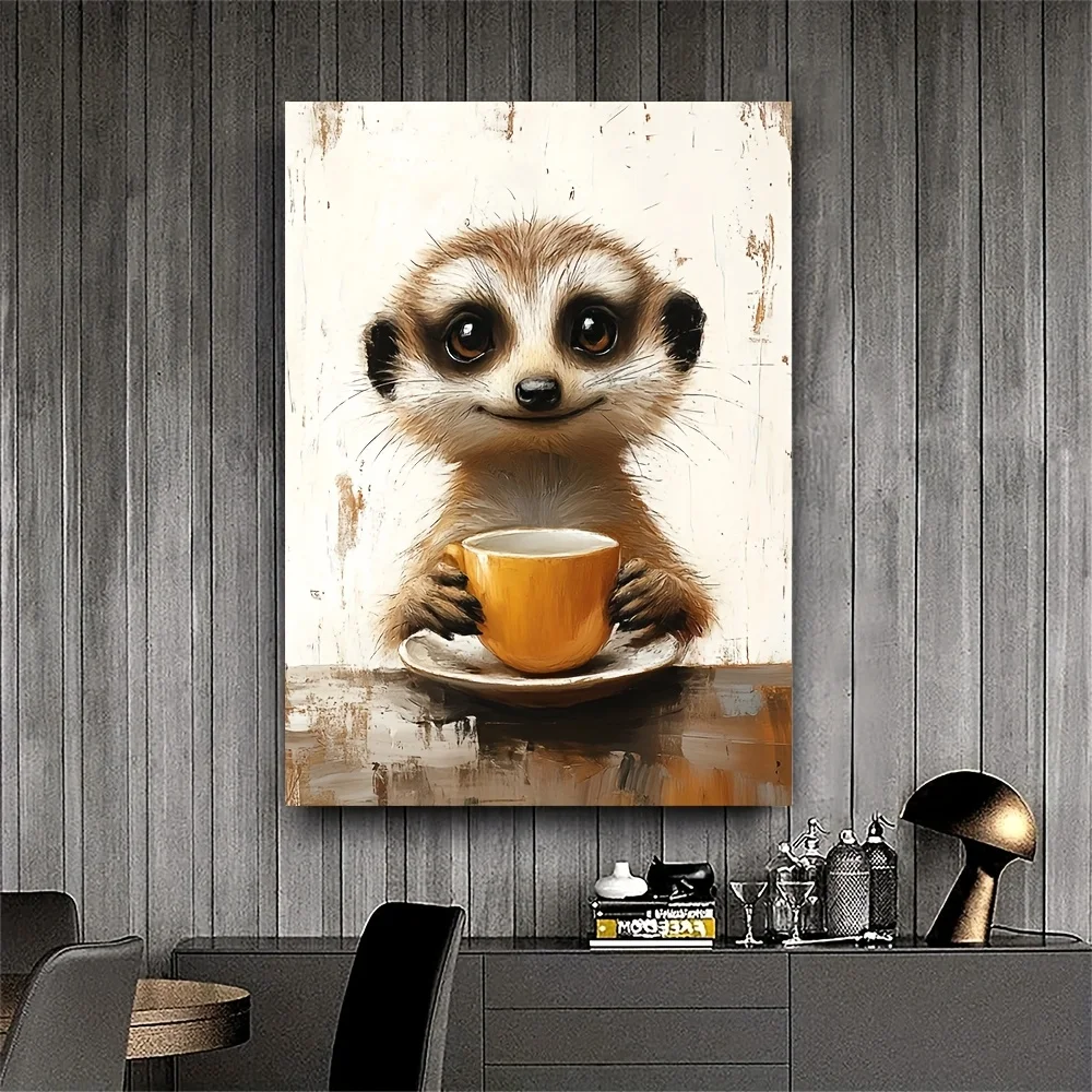 (No frame)1pc, With Frame, 12x16inch Meerkat Diner Art, Canvas or Poster, Whimsical Animal Decor, Dining Room Kitchen Youngst