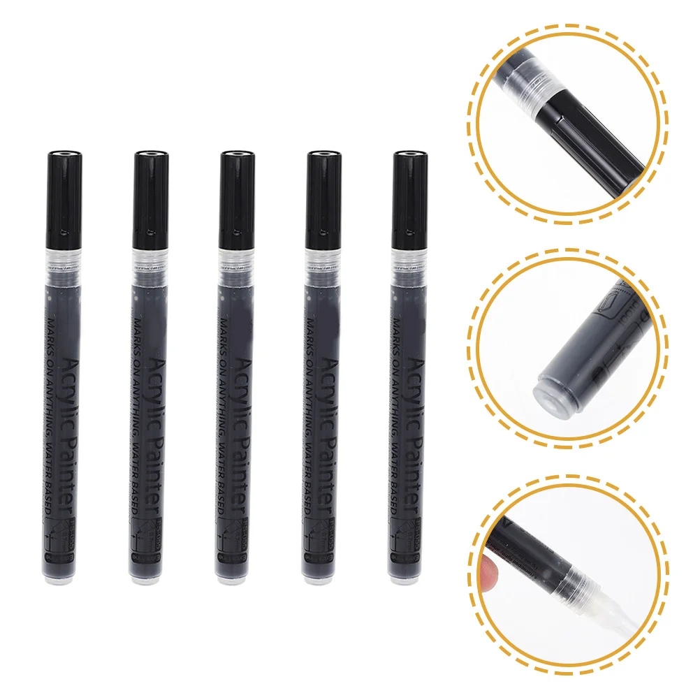 

5pcs Acrylic Paint Markers 0.7Mm Fine Tip Paint Pens For Canvas Wood Sketching Painting Writing Black Water Based Markers