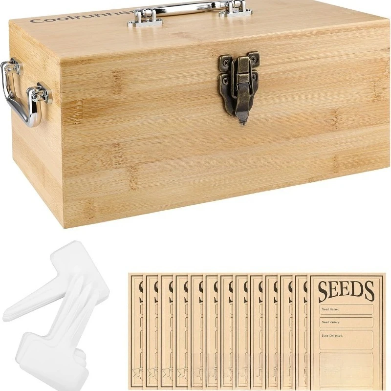 Lockable Bamboo Seed Storage Box Wooden Gardening Seed Organizer Portable Garden Storage Case