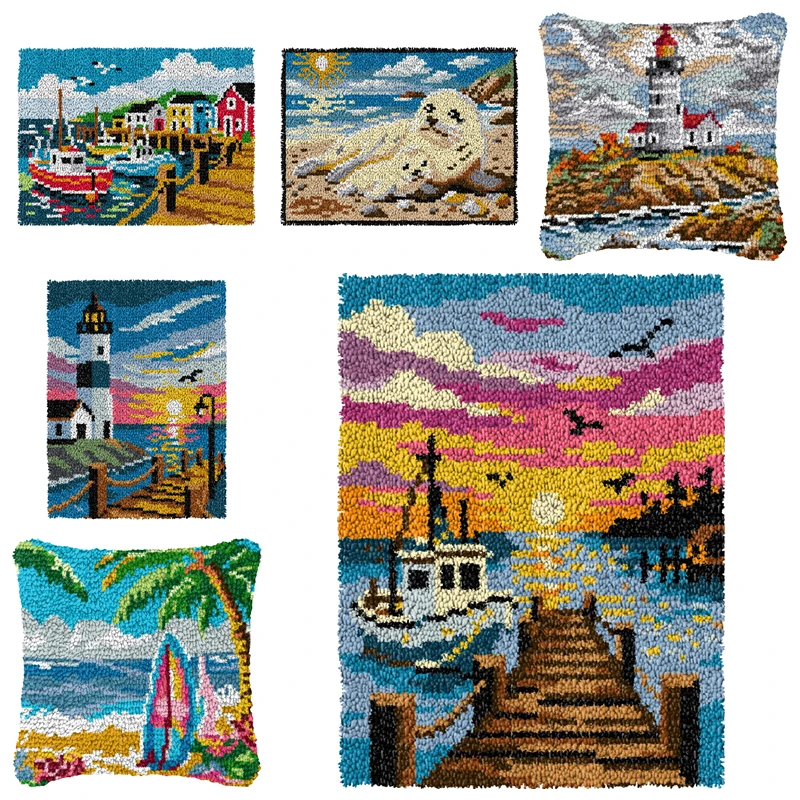 

Coastal Ocean & Lighthouse Latch Hook Rug & Pillow Kit DIY Embroidery for Home Decor, Nice Gift