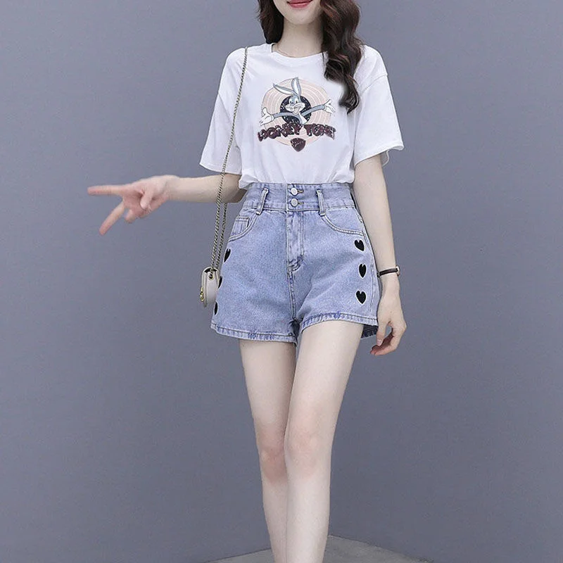 Women's Fashion Suit Summer New Korean Style Clothing White Short Sleeve Shirts Crop Tops Denim Shorts 2 Two Piece Set For Women