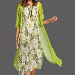 Temperament 2024 Spring/summer Leisure Women's New Dress Elegant Round Neck Lace Chiffon Irregular Cardigan dress set