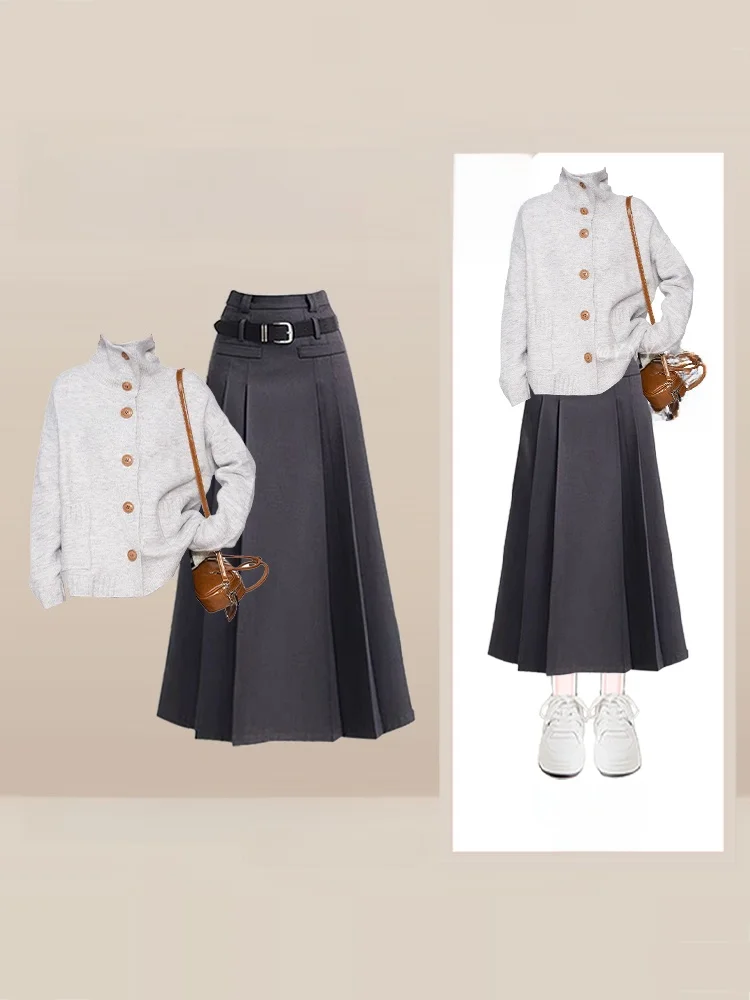 

Зимний антивозрастной вязаный кардиган, комплект с юбкой для колледжа Sle Faion, юбка-миди с высокой талией, длинный женский костюм с высоким воротником