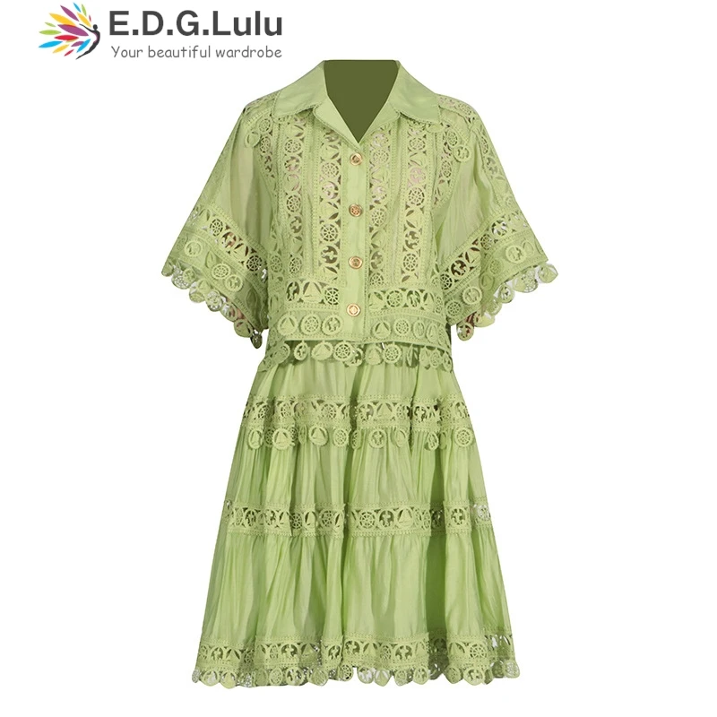 EDGLuLu Women 2 Piece Set Outfit Turn-Down Collar Short Sleeved Shirt+High Waist Mini Skirt Hollow Embroidery Lace Suit 1111