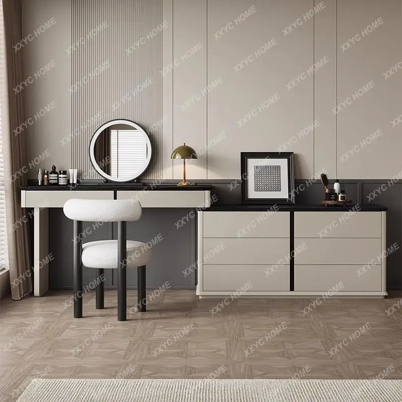 LXNTable All-in-One Black Vintage Vanity Table Bedroom Modern Minimalist Solid Wood Dressing Table
