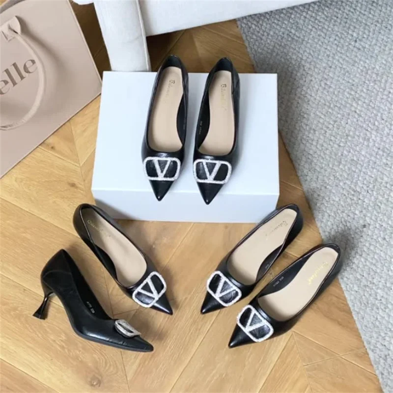 

Elegant Black High Heels Women's Shoes New Design Sensation Small French Style Square Buckle Pointed Toe Thin Heel 3CM/5CM/7CM 6
