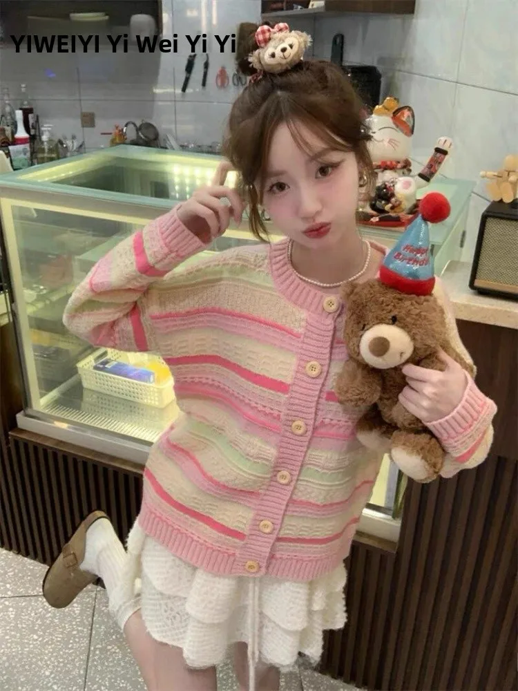 

Pink Striped Knit Sweater Jaet Women's Early Autumn High-End Small Soft Lazy Open Cardigan Top Commute Slim Fit Long Sve