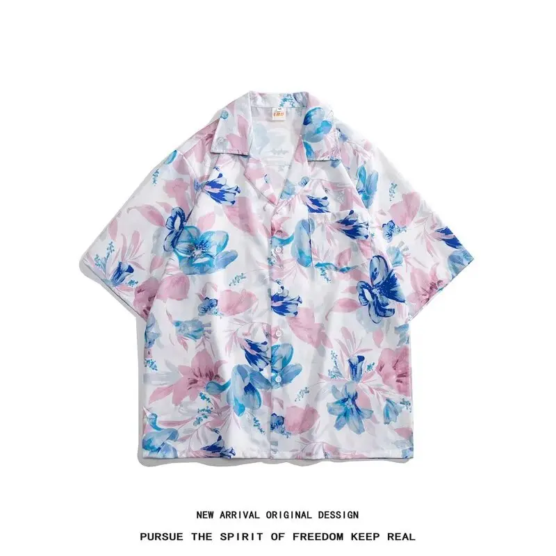 

Летняя тонкая рубашка с кубинским воротником, свободного кроя, винтажный дизайн, мужская, молодежная, с цветочным узором, без фирменной маркировки