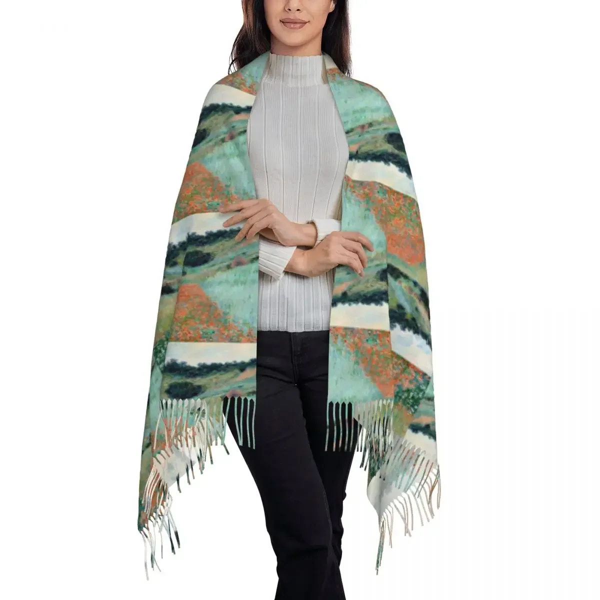 1885-Claude Monet- Field In A Hollow Near Giverny Scarf Tassel Scarves for Women Shawls and Wraps Fall Winter Shawl Wrap