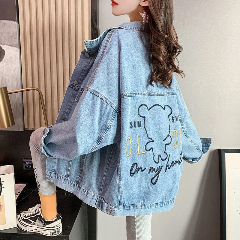 Denim Jacket Embroidered Female Ins Harajuku Style 2022 New Ladies Autumn Baseball Uniform Denim Clothes Korean Loose Fashion