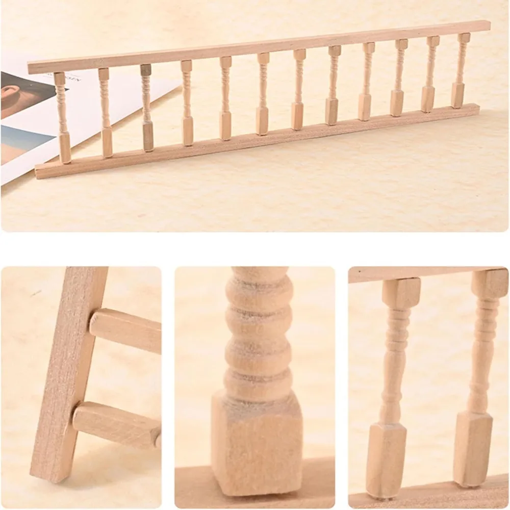 2pcs Wood Dollhouse Railing Lightweight 1:12 Scale Dollhouse Balustrade Kit Trimable Turned Spindles Mini Staircase Railing