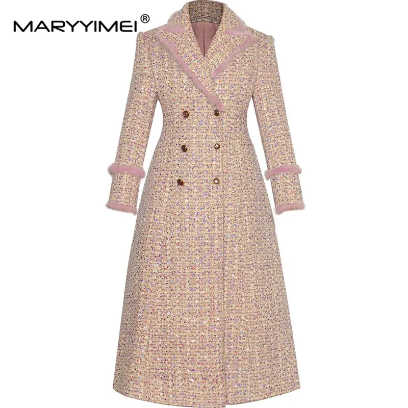 MARYYIMEI Autumn and Winter Women's Coat Notched Long-Sleeved Double-Breasted High waist Pink Plaid young girl style Overcoat