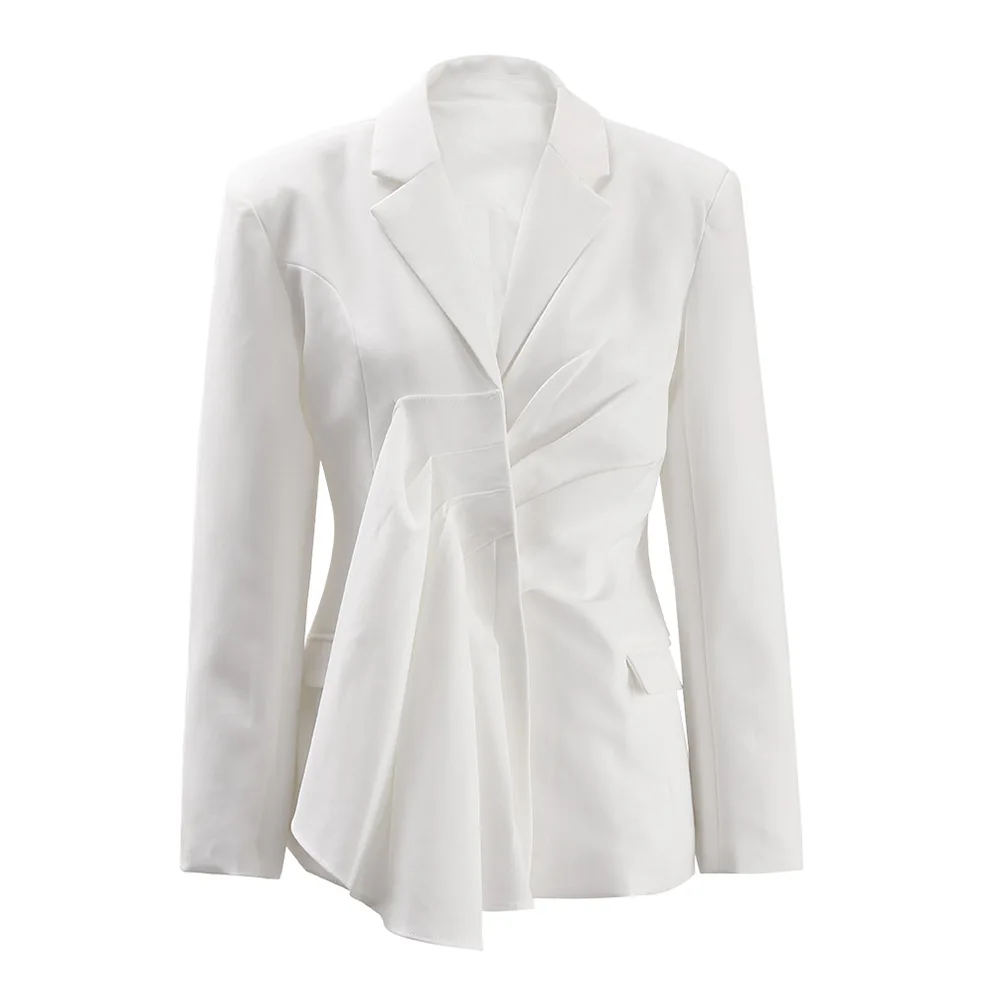 

New in Coats Spring Autumn Women Tiered Ruffle Blazers White Overcoat Slim Suit Invisible Button Clothes Ladies Jackets Elegant