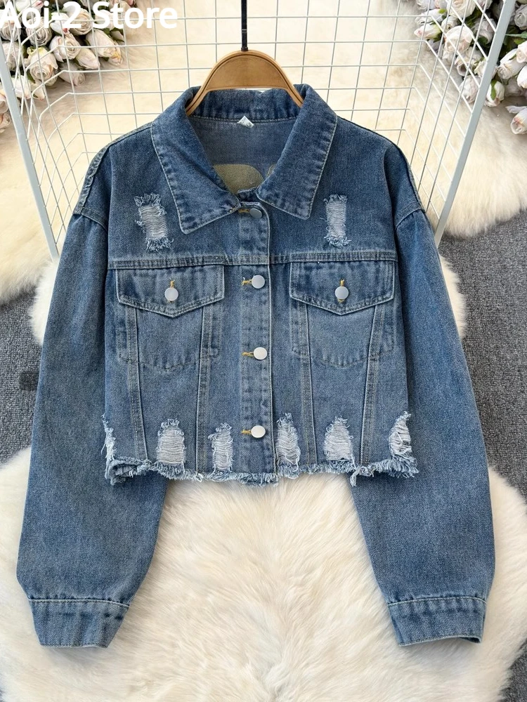 2024 Bear Embroidered Denim Jacket Women's Spring Autumn New Washed Blue Pocket Hole Short Top Korean Retro Casual Coat