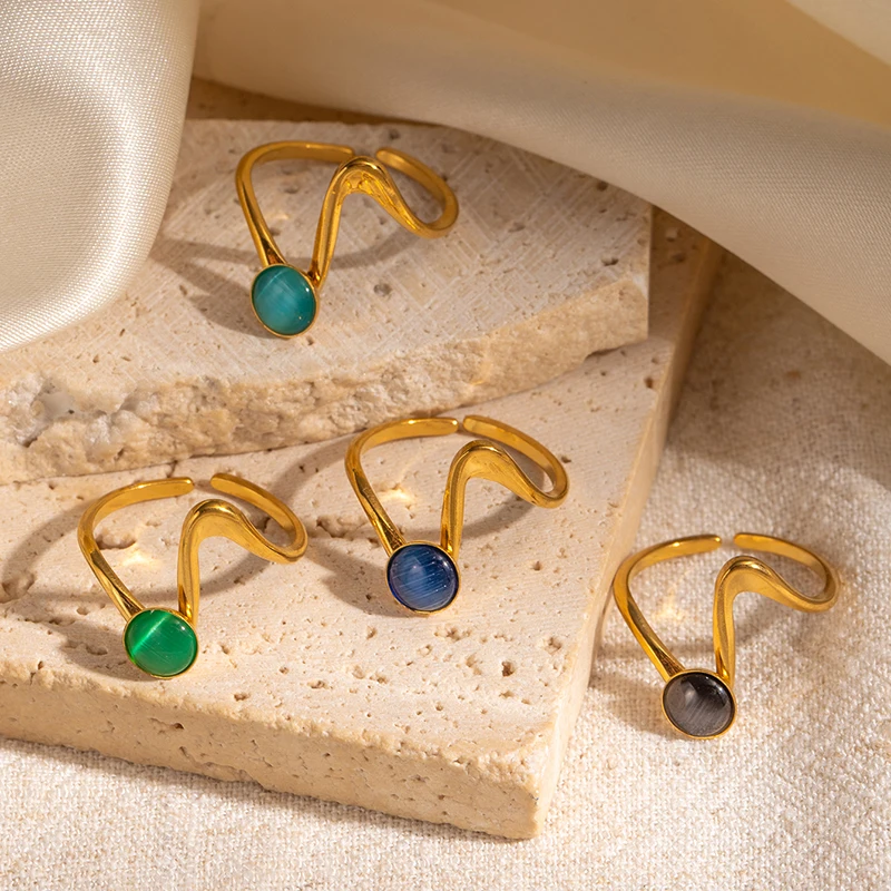 ANENJERY 316L Stainless Steel Colorful Stone Irregular Twisted Lines Open Ring for Women Niche Korean Fashion Jewelry Gifts