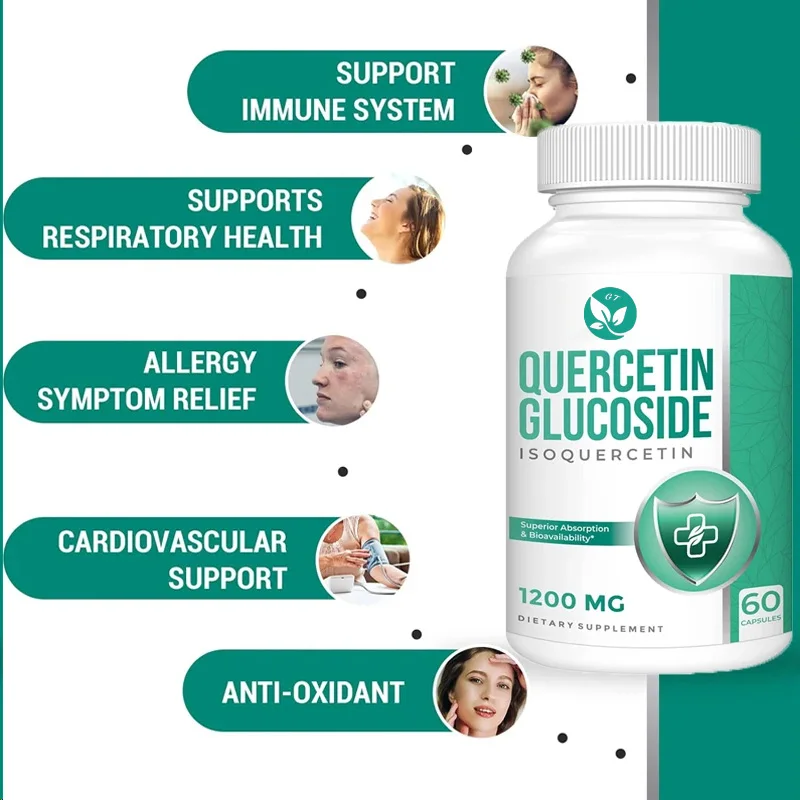 Bioavailabilidad de 6 pliegues de glucosa Quercetin de 1200 mg, 60 cápsulas vegetales con extracto de pimienta negra y rutina de alta absorción