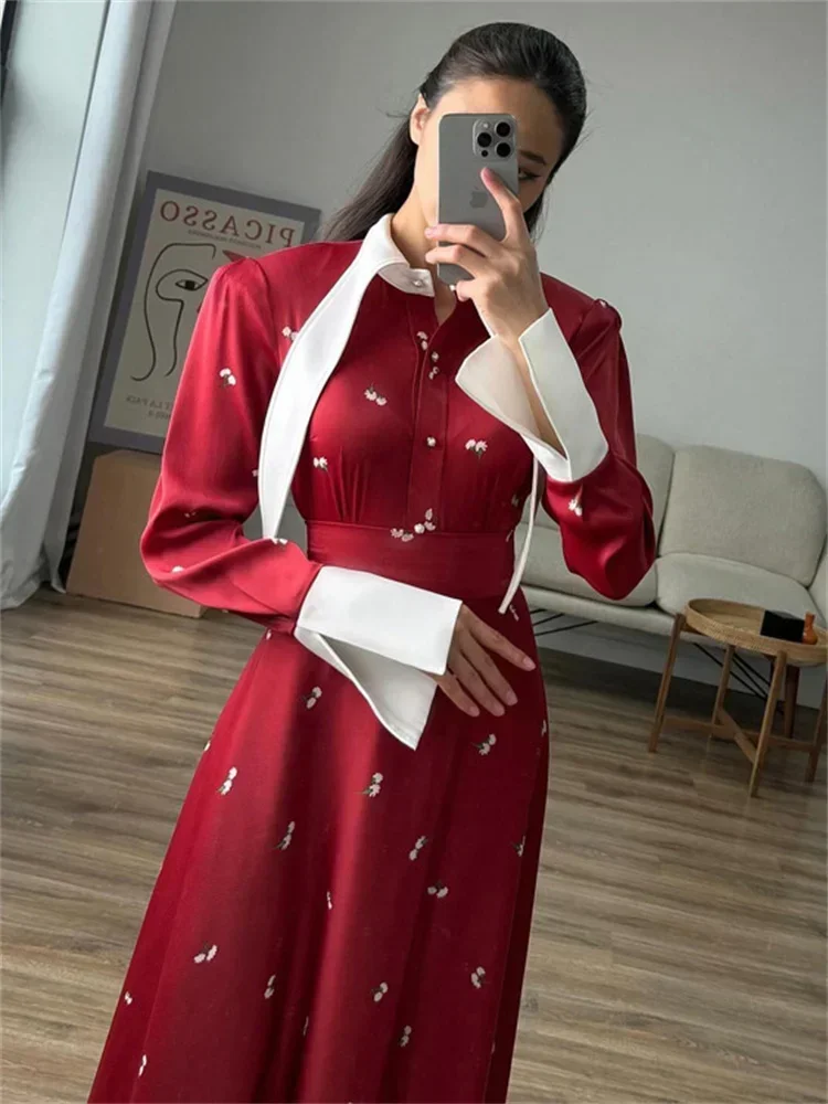

Elegant Satin Printed Long Dress Women's High Waist Patchwork Commute Slim Autumn 2024 Contrast Dress Female Maxi Dress