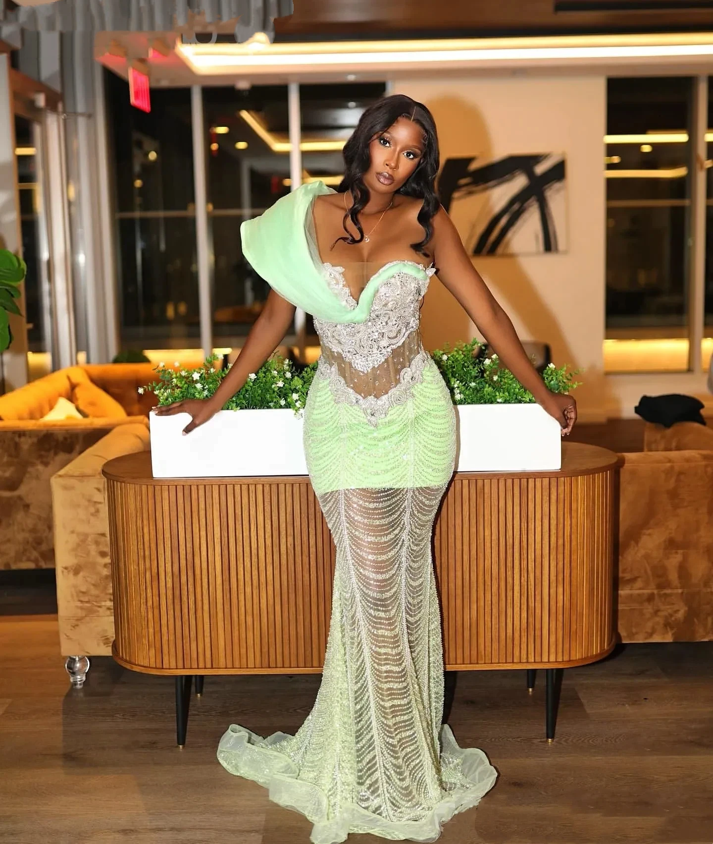 Luxury Mint Green Beaded Mermaid Lace Crystal Ball Dress 2026 One Shoulder Transparent Mesh Lace Decal Evening Dress Customized