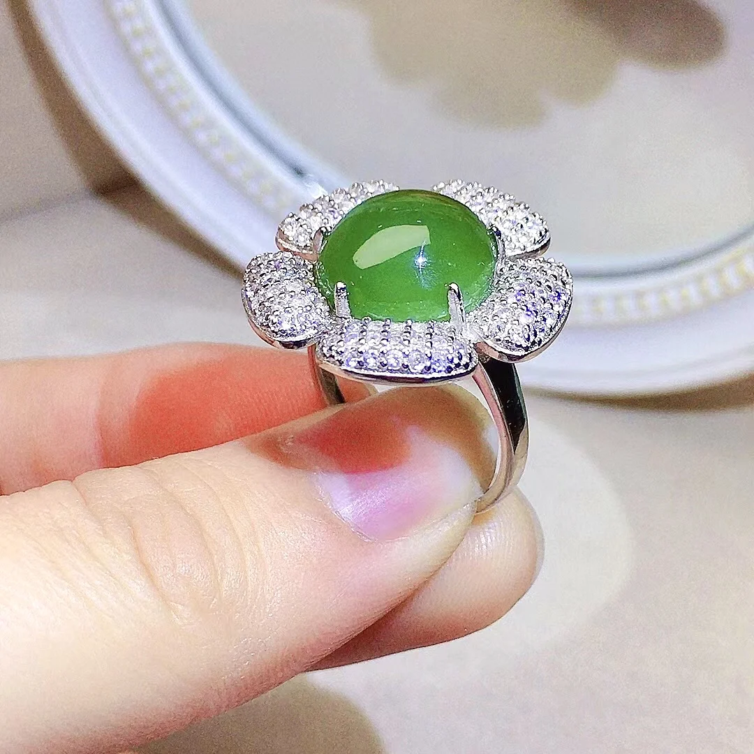 

11mm Natural Green Jade Ring for Party 18K Gold Plating 925 Silver Flower Ring Classic Jade Jewelry