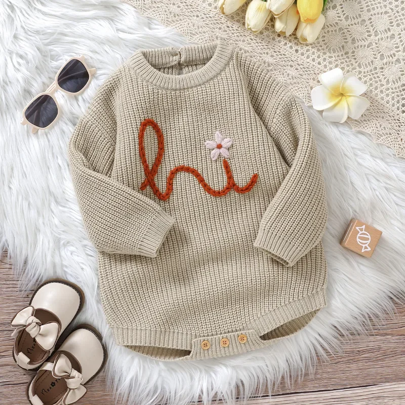 Baby Girl Knit Bodysuit Autumn Winter Clothes Letter Floral Embroidery Long Sleeve Crew Neck Sweater