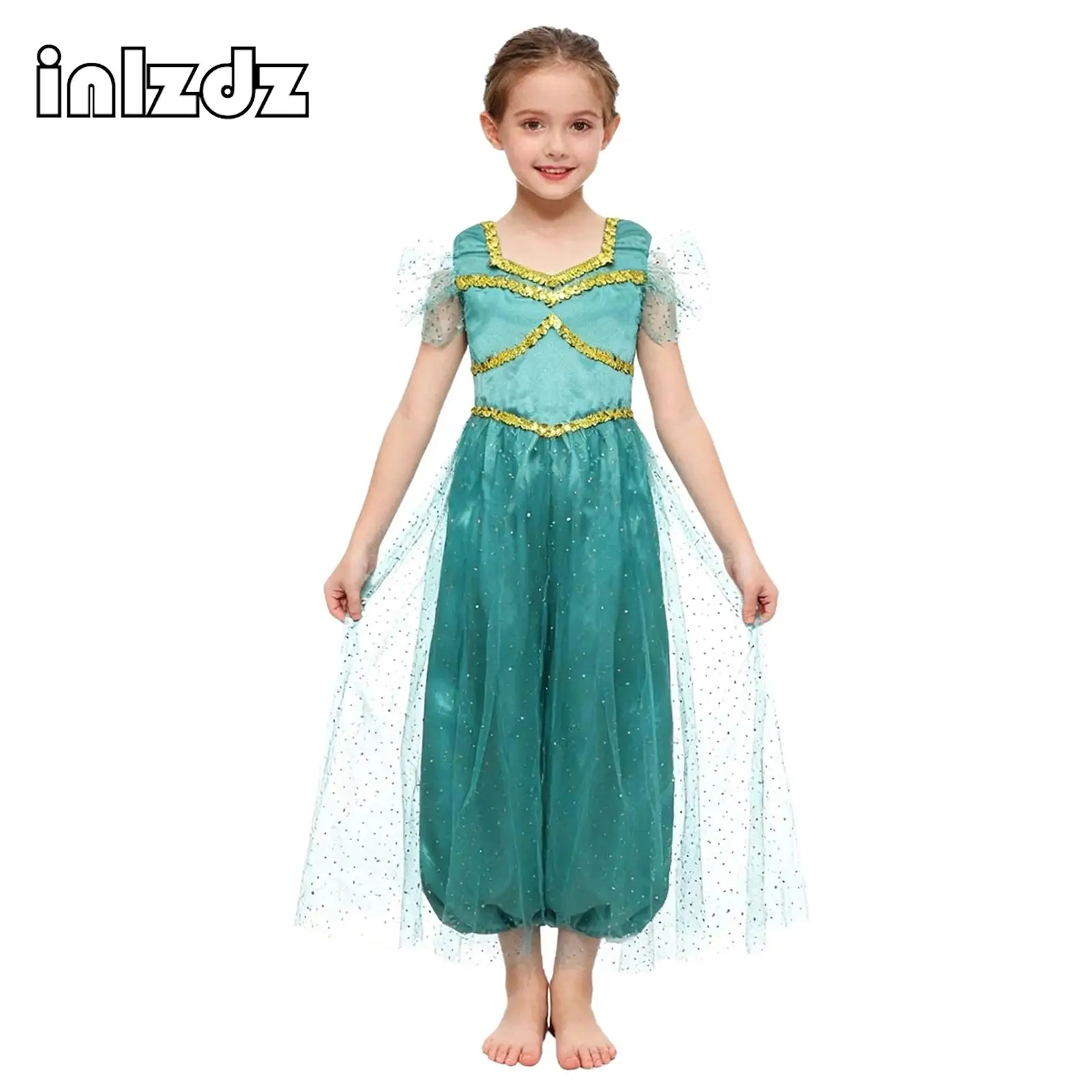 

Halloween Arabian Princess Costume for Girls Animated Movie Character Roleplay Costume Sequins Bodysuit Dress Up Party Clothes