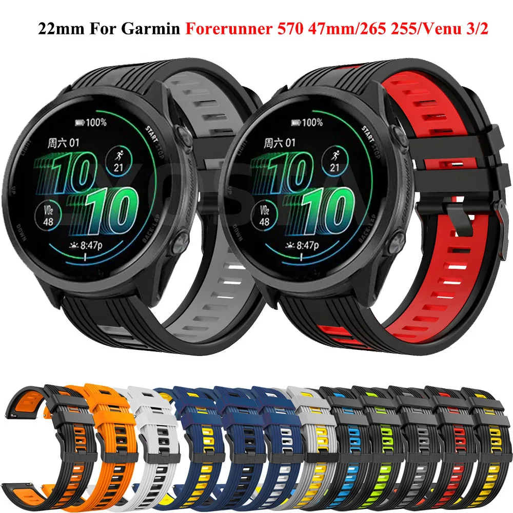 Silicone 22mm esporte pulseira de relógio para garmin forerunner 570 47mm 255 265 venu 3 2 relógio inteligente substituição pulseira cinto