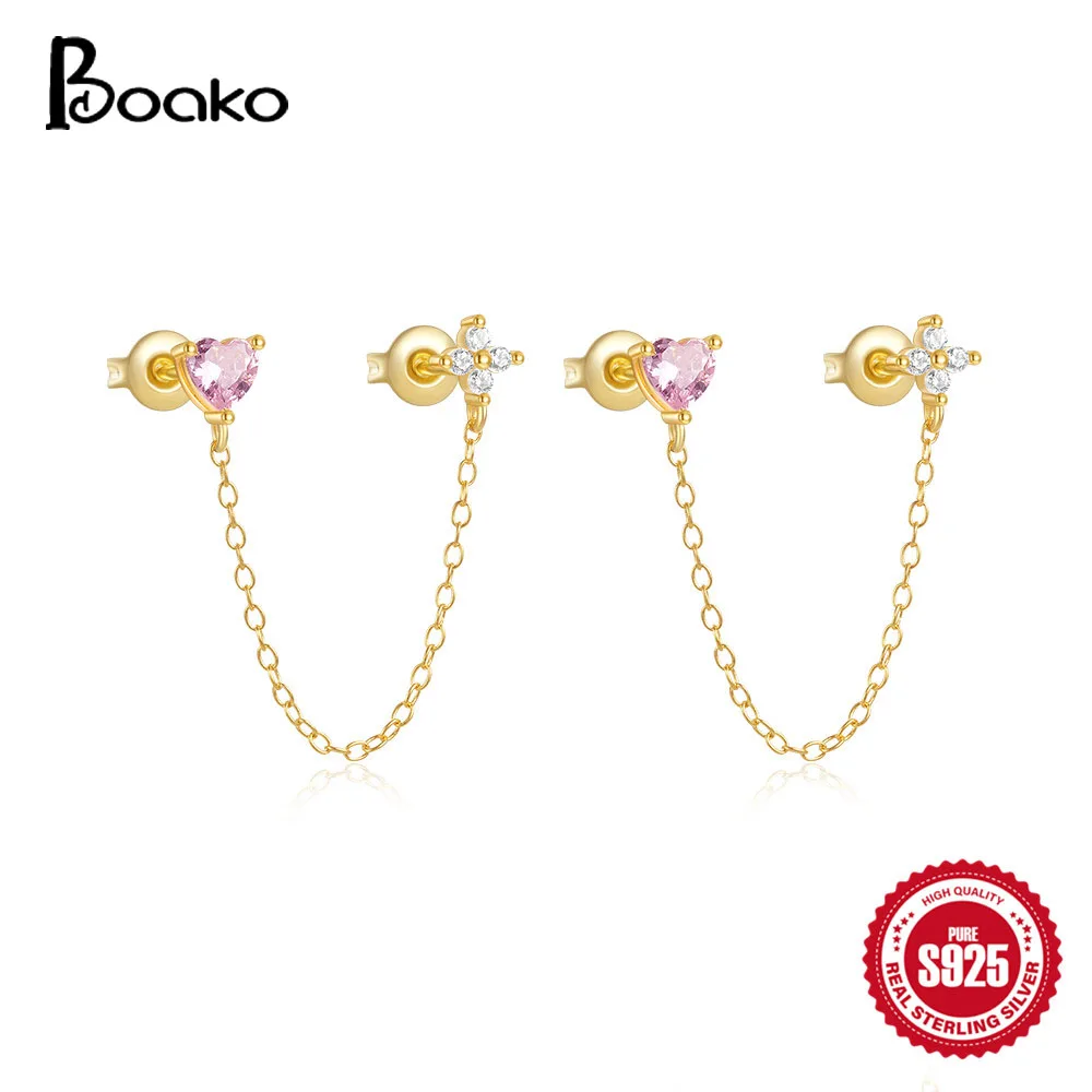 BOAKO 100% 925 Sterling Silver Classic Chain Tassel Ear Piercing Pink White Heart Flower Shaped Zircon Earrings For Women Girl