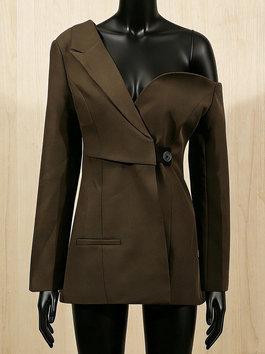 CHICEVER Irregular Slimming Spliced Folds Blazers for Women Diagonal Collar Long Sleeves Tunic Design Sense Blazer Female New