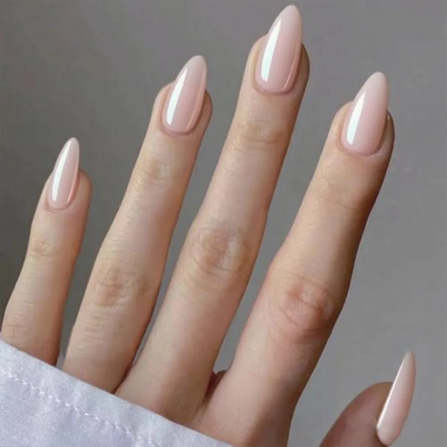 

Press on Nails Medium Almond, Spring Summer Nude Gel Glue on Nail, Glossy Short Stiletto Reusable UV Finish Fake Nails Acrylic