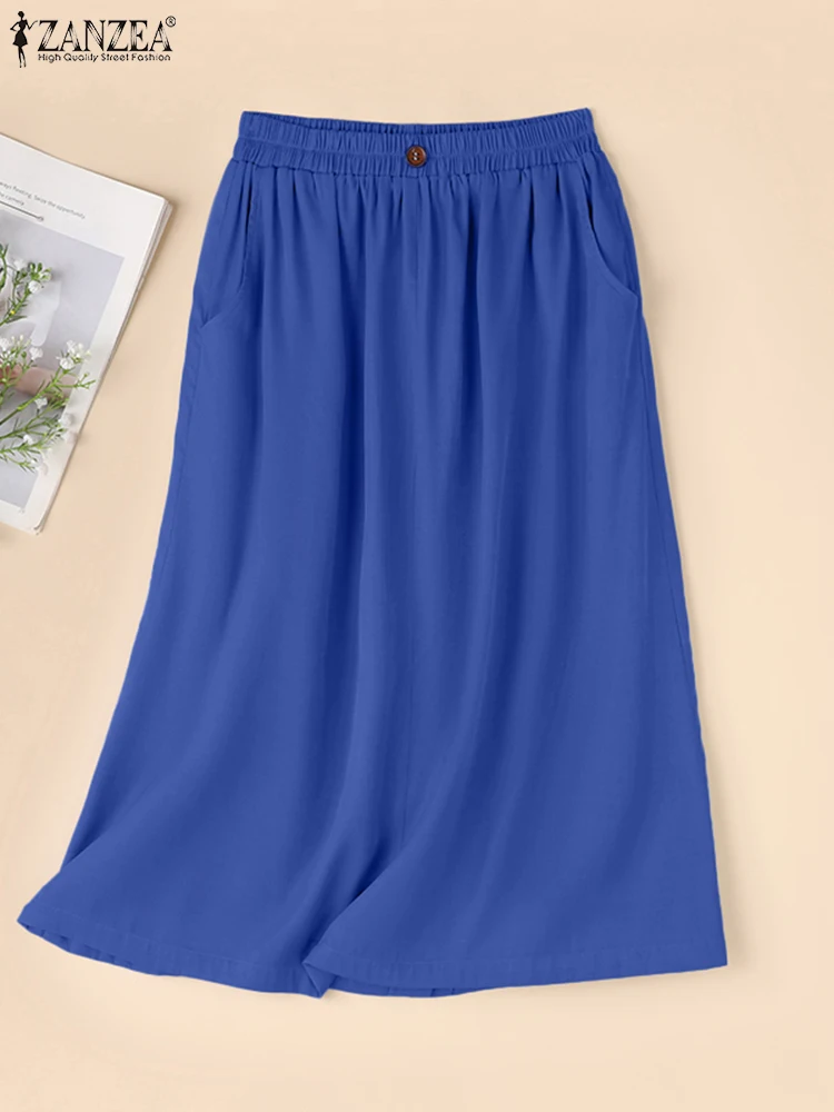 

ZANZEA Women Pocket Pleating Faldas Holiday Solid Color Skirt Fashion Swing Long Jupe 2024 Korean Elastic Waist A-line Skirts