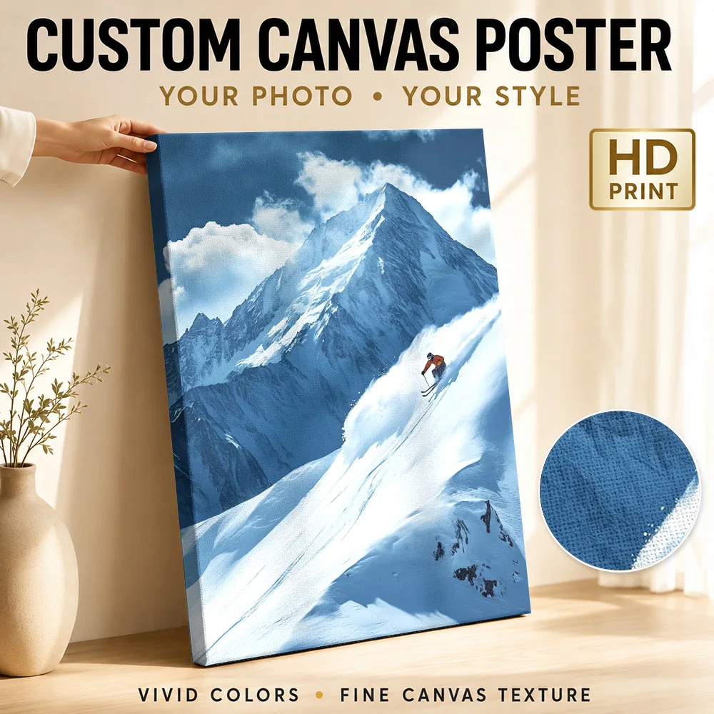 Skier On Mountain Slope Canvas Painting Poster Custom Photo Sports Portrait Wall Art for Bedroom Gym Decor Gift for Collectors