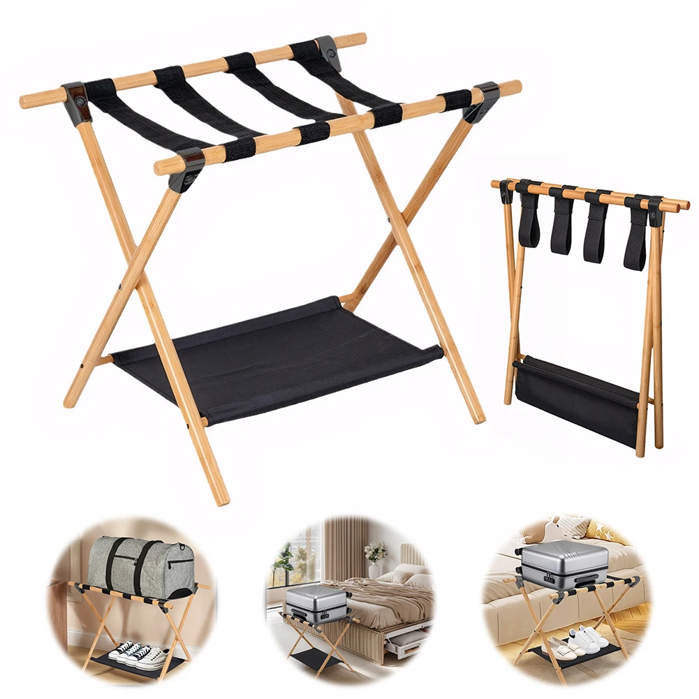 Bamboo Luggage Rack Foldable Suitcase Stand with Nylon Straps Luggage Stand for Guest Room Bedroom Hotel