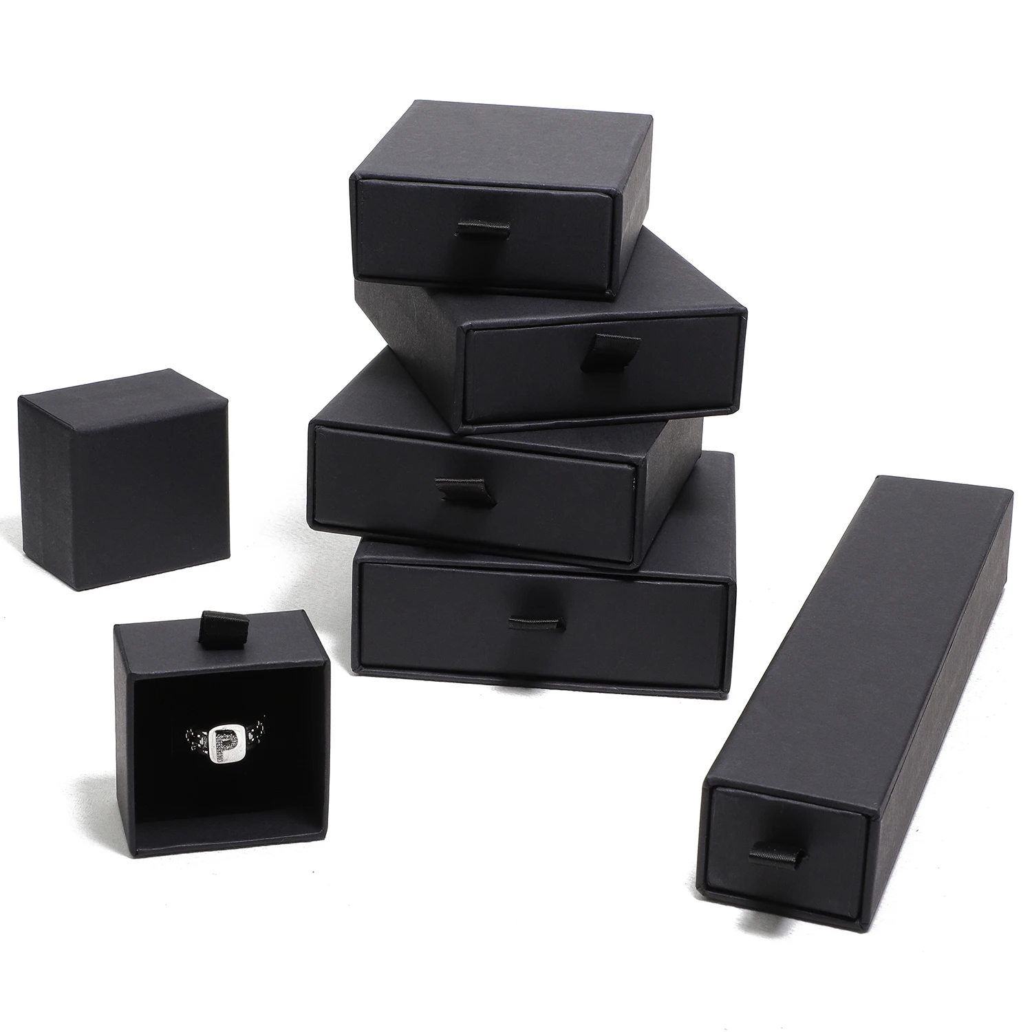 Black Paper Sliding Drawer Jewelry Display Box Necklace Rings Earing Bracelet Storage Packaging Stand With Ribbon Rope Sponge