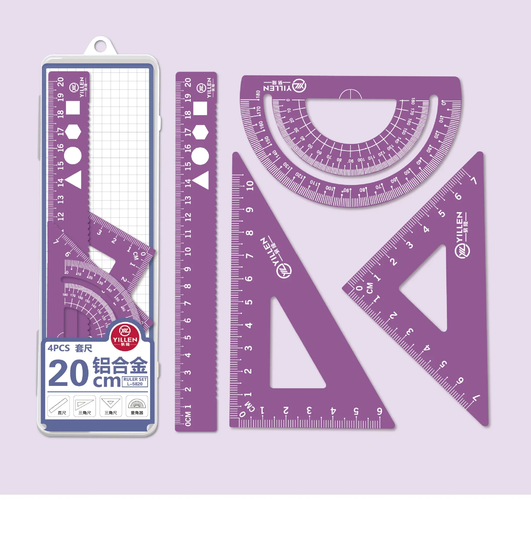 4Pcs/Set Aluminium Ruler Set Metal/Plastic/Soft Geometry Maths Drawing Compass Stationery Rulers Mathematical for School