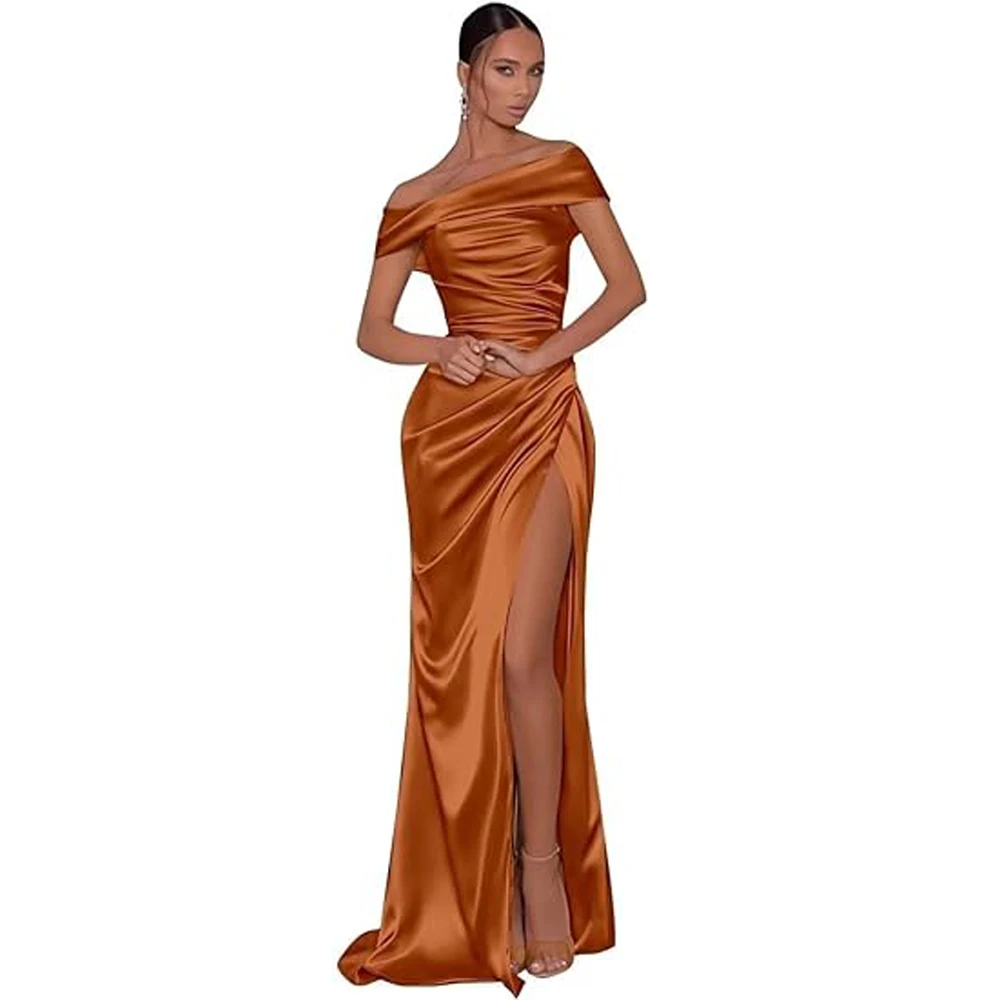 Elegant Diagonal Collar Bodycon Maxi Dresses for Women Sexy Leg Slit Satin Women Dress for Evening Prom Bridesmaid Wedding Party