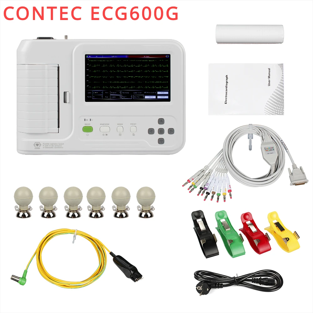 Аппарат ECG600G для ЭКГ, цифровой электрокардиограф с сенсорным экраном 7 дюймов, 6 каналов, 12 выводов, USB, тепловой принтер, программное обеспечение для ПК