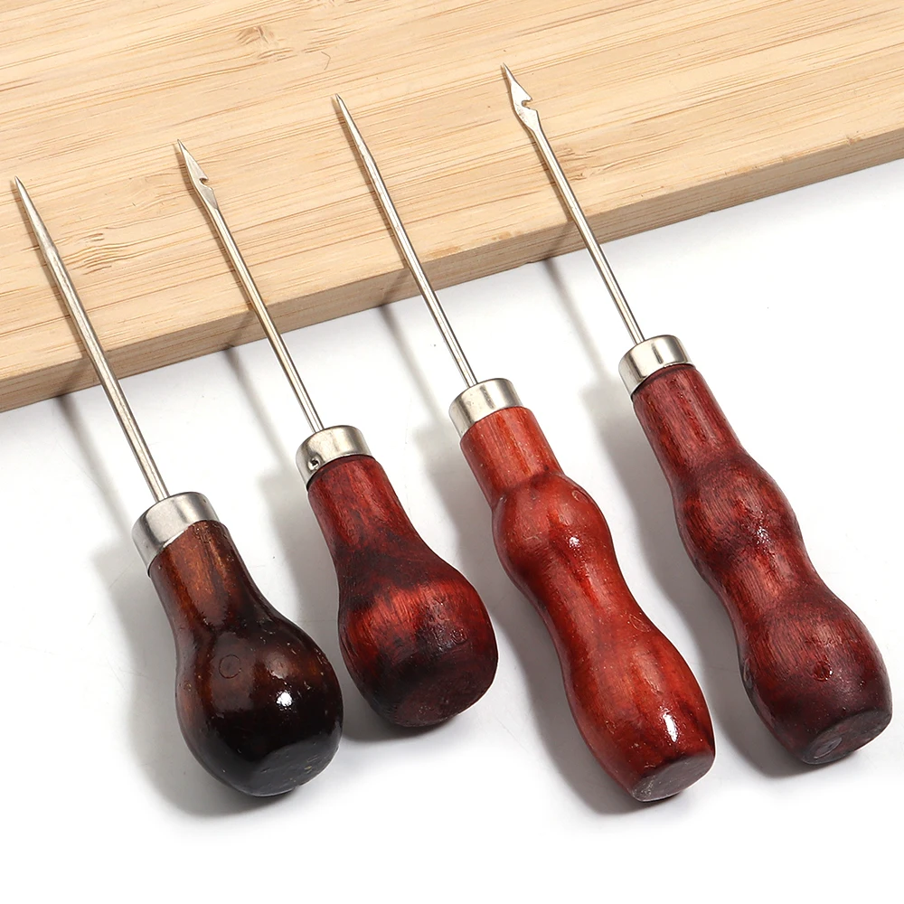 Wooden Handle Awls DIY Leather Tent Sewing Awl Shoes Repair Tool Hand Stitcher Leather Craft Awl Punch Hole Tools Cone Needles