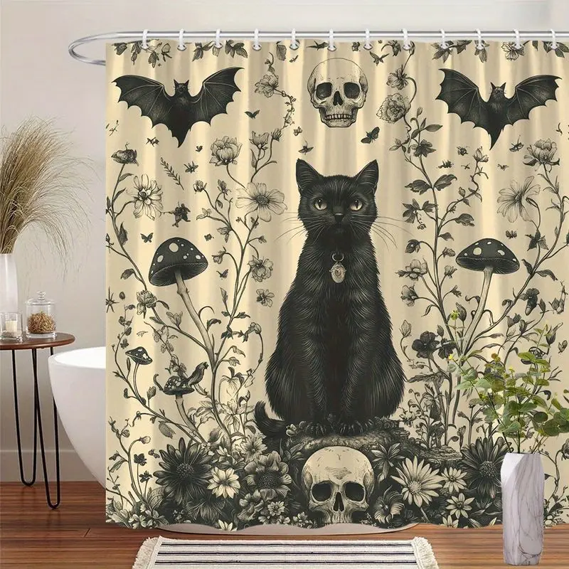 VIKAMA Vintage Gothic Shower Curtain Black Cat Skull Bat Floral Print Waterproof Window Room Divider Decor Curtain