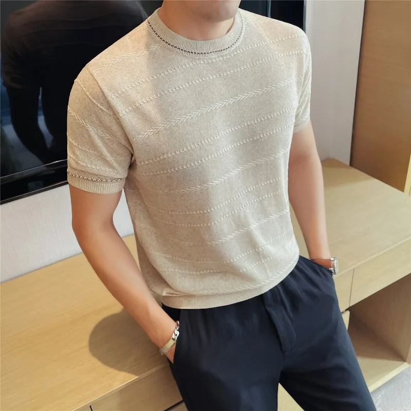 Brand Linen Jacquard Knitted T-shirt Men's Round Neck Short Sleeved Casual Tshirts Summer Slim Thin Breathable Striped T-shirt