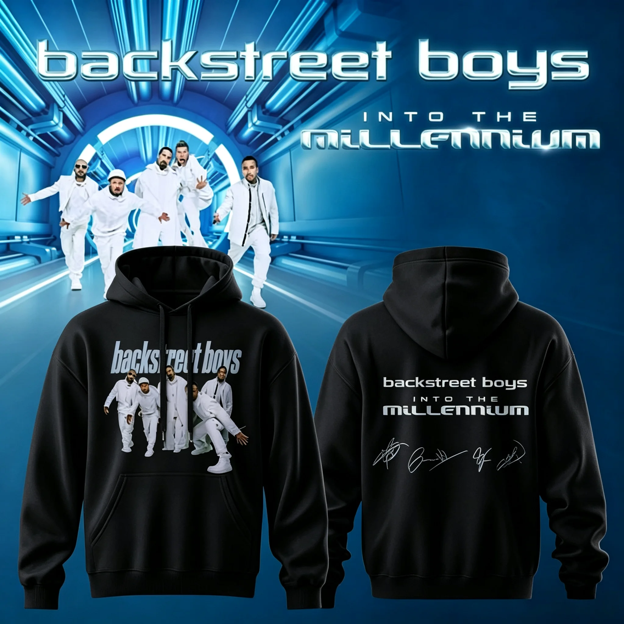 Backstreet Boys Into The Millennium Signature Hoodie Double Sided Graphic Print Oversized Pullover Pop Band Fan Hooded