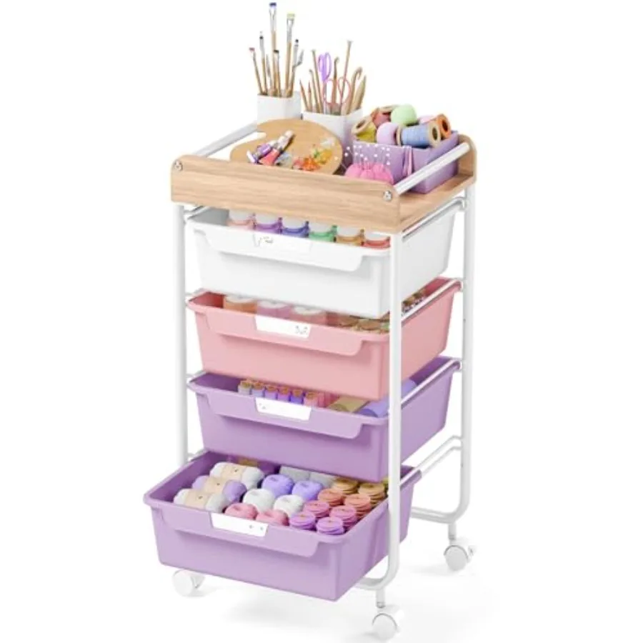 

Rolling Storage Utility Cart With 4 Drawers Craft Art Cart Makeup Organizer And Storage with Wooden Tabletop Purple