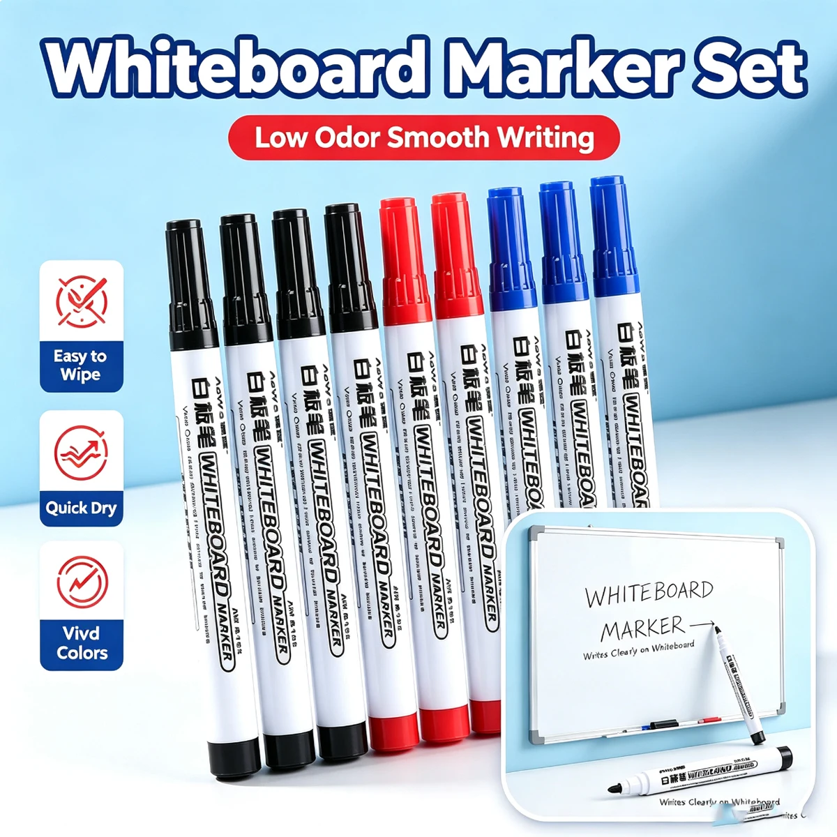 Whiteboard Marker Set, Dry Erase Markers Easy Wipe Off Quick Dry Vivid Color White Board Pens for Office School Home Writing