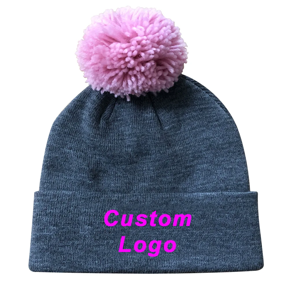 OEM Logo Pom Beanie Winter Hats Embroidered Text Woven Label Hang Tag Individual Personal Design Knitted Adult Pompom Warm Cap