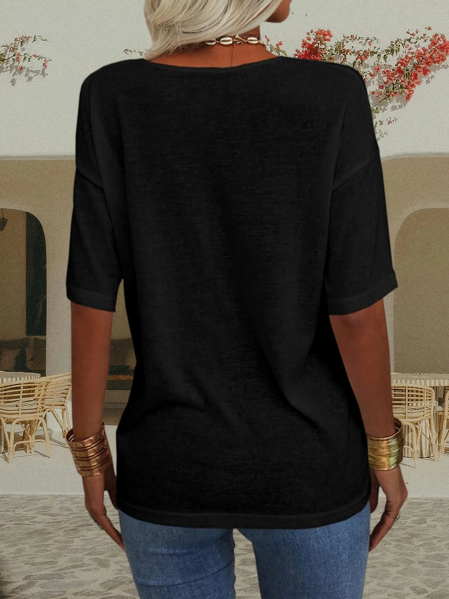 تي شيرت نسائي كبير الحجم برقبة على شكل حرف V نصف كم - قميص أساسي فضفاض كاجوال #2