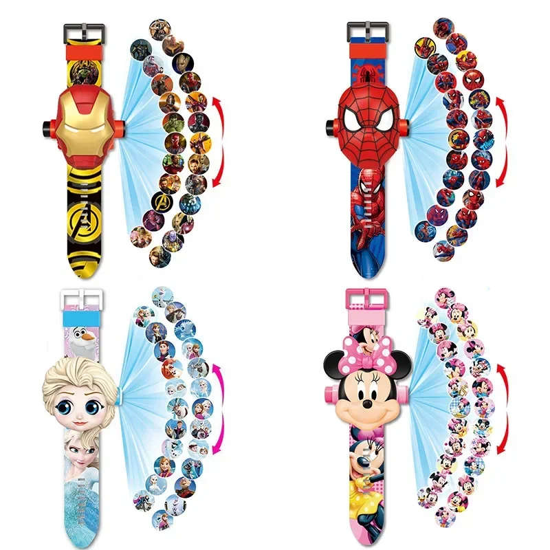 Disney Mickey Mouse Frozen Elsa Princess Marvel Spiderman Ironman Projection Watch Electronic Figure Toy for Children