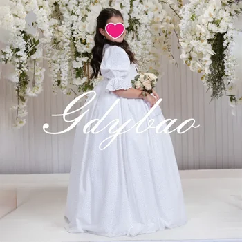 Koronkowa sukienka z pół bufiastym rękawem A Line Formalna elegancka sukienka do pierwszej komunii Długa suknia balowa dla dziewczynki z kwiatami Dostosowana nowość 2024