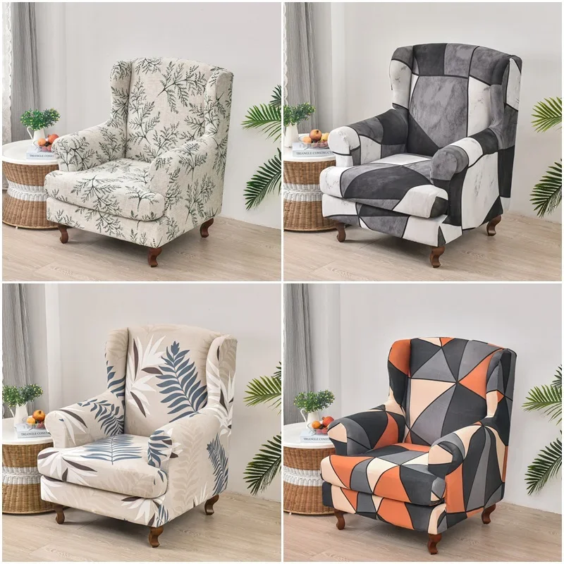 Printed Stretch Wing Chair Cover Elastic Relax Armchair Slipcovers Wingback Sofa Protector with Seat Cushion Cover Home Decor