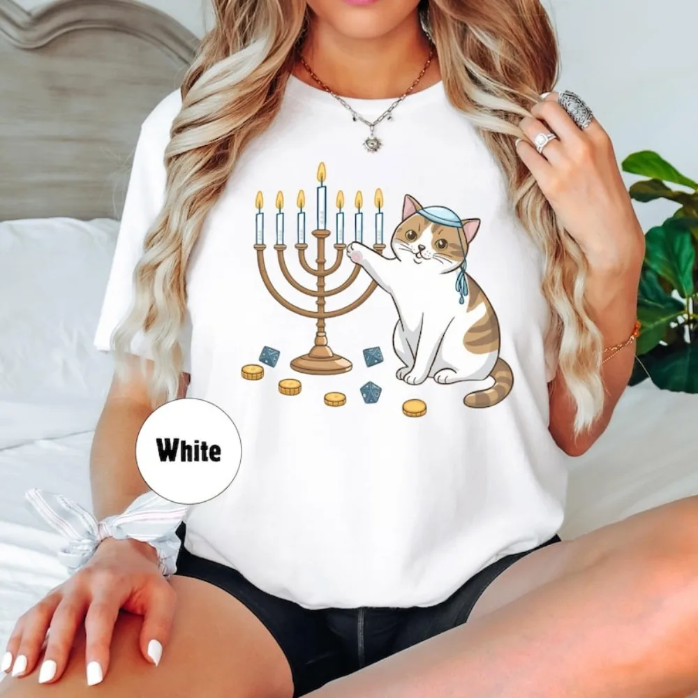 Happy Hanukkah Women Cotton T-Shirt Chanukah Unisex Women T-Shirt Jewish Holiday Short-sleeved Tees Happy Hanukkah Tops
