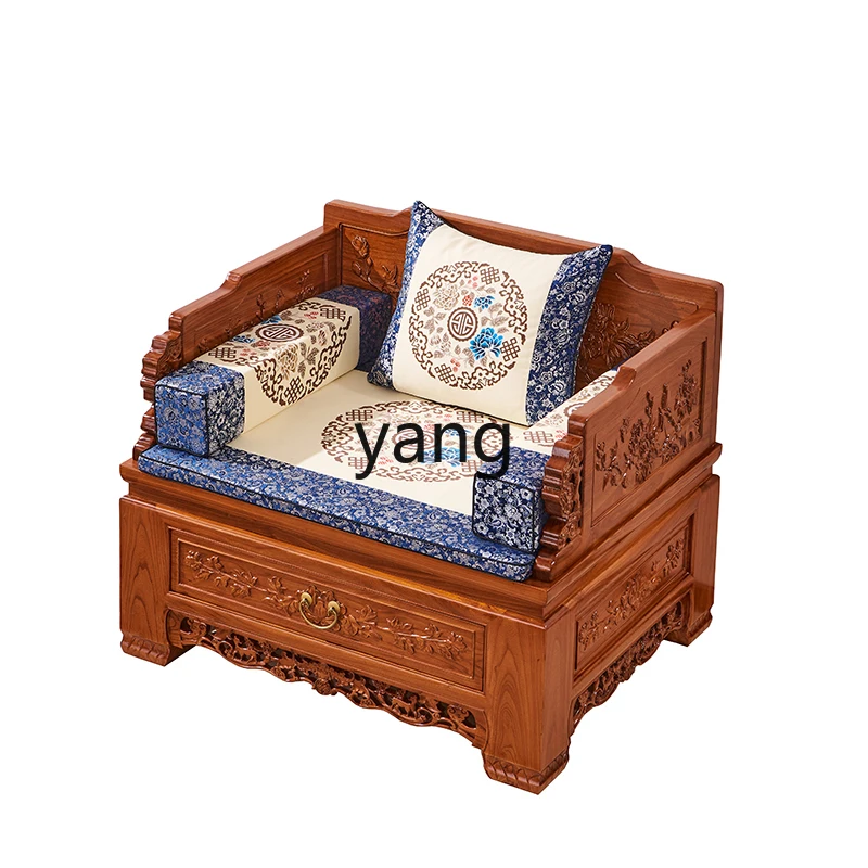 LH   new Chinese solid wood sofa living room imitation log old jade wood carving flower Chinese sofa