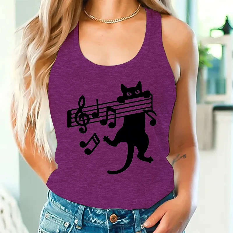 Cat Mom Gift Summer Short Tops Cartoon Cute Musical Note Cat Graphic Racerback Tank Top Women Cute Kitten Music Lovers Sexy Tops